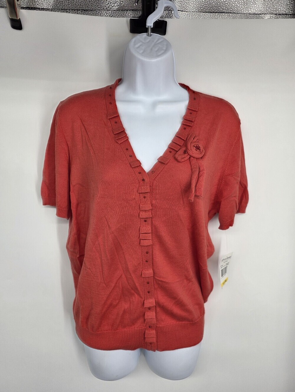 Alfred Dunner NWT Cardigan Sweater PM Salmon Short Sleeve Ruffle Beaded Floral